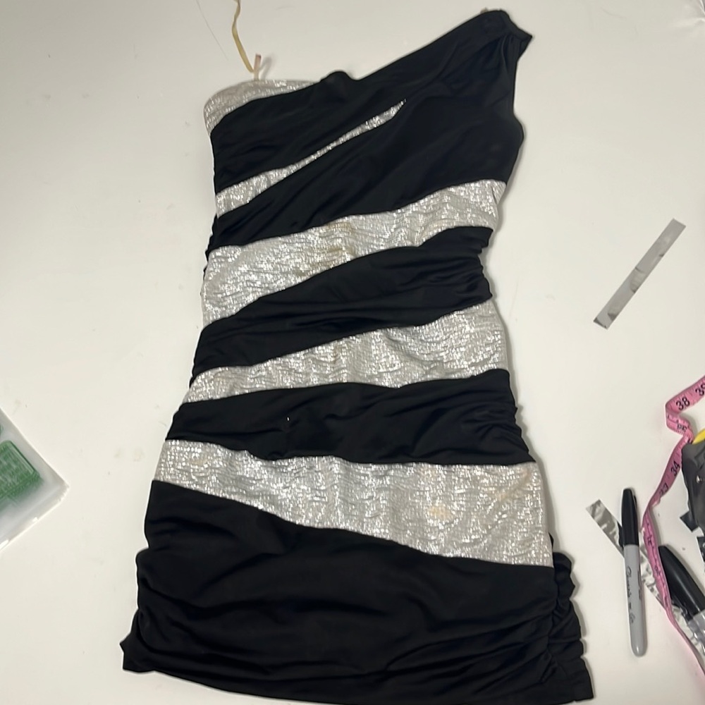 My Michelle Small Black Silver Striped One Shoulder Dress